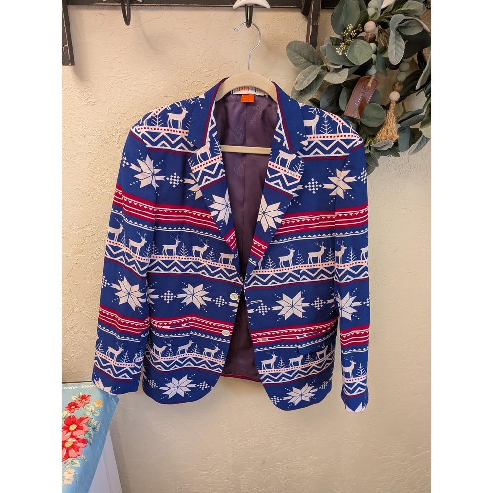 2 OppoSuits Mens Christmaster Holiday Blazer Blue Red Fair Isle Reindeer US 38